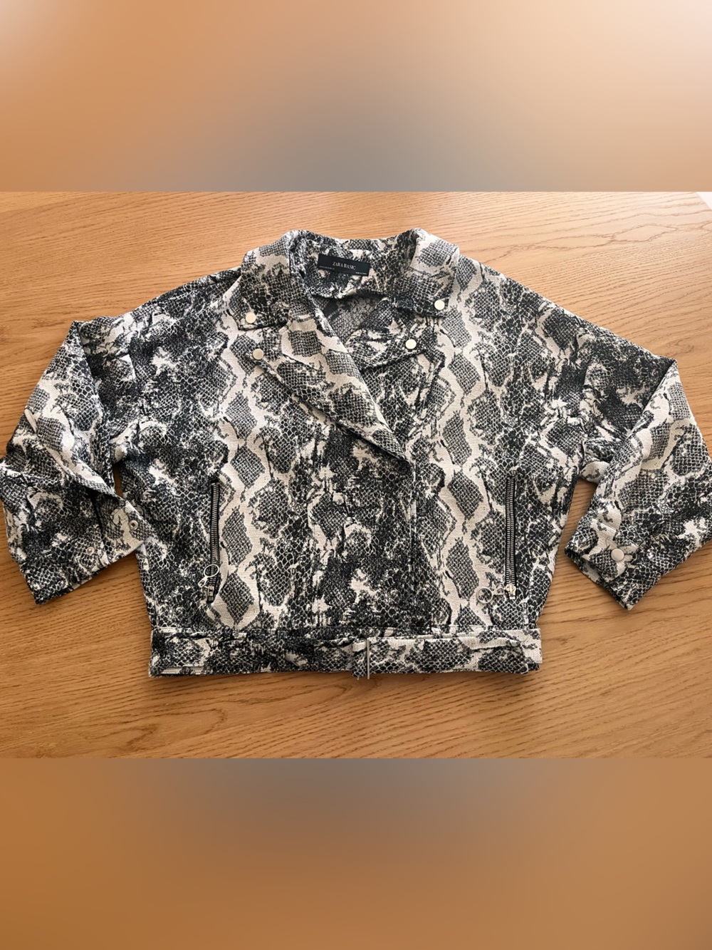Zara black and white snake skin animal print pattern moto jacket